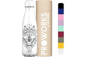 Proworks Botellas de Agua Deportiva de Acero Inoxidable | Cantimplora Termo con Doble Aislamiento para 12 Horas de Bebida Caliente y 24 horas de Bebida Fría - 500ml - Toda Blanca - Lobo azteca