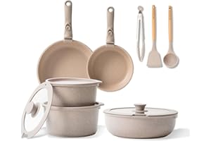 BOREINE Batterie de Cuisine 14 Pce, Lot Casserole et Poele avec Poignee Amovible et Couvercle, Revêtement Antiadhésif en Granit sans PFOA, Compatible Tous Feux (Induction, Vitrocéramique, Gaz)