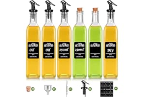LXUDN Bouteille Huile Olive 250ml, Ensemble De Bouteille Verre et de Vinaigre Adaptées aux Aliments Avec Entonnoir, Distributeur D'Huile, Becs Verseurs En Liège, Pour Liqueurs et Vinaigres (6 Pièces)