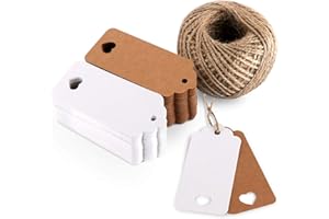 ABSOFINE Etykiety prezentowe z papieru kraftowego 200 szt. brązowo-białe etykiety papierowe (9 x 4 cm) serce rzemieślnicze wiszące etykiety z 60 m sznurkiem jutowym na ślub, urodziny