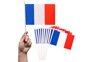 PHENO FLAGS Bandera de mano de Francia - Bandera francesa 12,7 x 20,32 cm - Bandera con asta de 30 cm - 10 banderas de mano por set