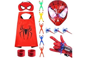 Pusuanzi Masque et Capes de Super-Héros avec Gant Lanceur Spiderman, LED Masque, Bracelet Spiderheroman, Bonhomme Collant, Spiderman pour Enfants Deguisements Articles de Fête