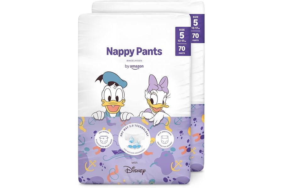 by Amazon pañales de aprendizaje Disney, talla 5 (de 12 a 17 kg), 140 unidades (2 paquetes de 70), blancos, paquete mensual (
