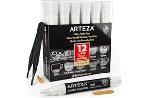 Arteza Rotuladores de tiza líquida blanca | Set de 12 | Puntas recambiables | Incluye pinzas | Marcadores de tiza de agua lavables sin polvo | Rotuladores blancos para pizarra y superficies no porosas