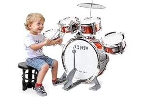 BABYJOLLY Batterie pour Enfant,Kit de Batterie Jazz Set 5 Tambour avec Tabouret, Percussion Musique Tambour, Jazz Drum Set Instrument Musique Jouet Anniversaire Cadeau pour 3 4 5 GarçOns Filles