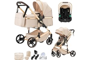 BEBBY BEBBY Cochecito de bebé 3 en 1,Carricoche Combinado Paisaje Alto Marco de Aluminio Para Recién Nacido0-22KG,Portátil Carrito Bebe 3 en 1 Con Asiento De (H9-BEIGE, H9)
