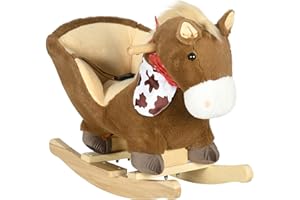 HOMCOM Kids Rocking Horse Plush Ride On Horse with Safety Belt, Realistic Sounds, Foot Pedals for Toddlers Aged 18-36 Months - Brown