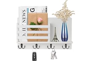AUTUMNDEER Wandregal Holz für Schlüsselbrett Organizer mit 4 Haken, Bücherregal Holz, Schlüsselbrett für Postsortierer Wandhalterung Organizer, Wandorganizer mit Garderobenhaken für Schlüsseln Prospekten