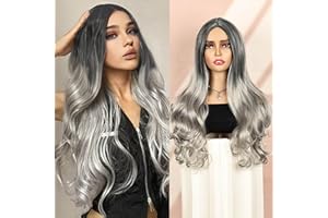 QUEENTAS 24In Negro Mezcla de Grises Pelucas de Pelo Largo para Mujeres Rizado Omble Peluca de Pelo Largo Medio Parte Peluca de Pelo Sintético Cosplay (Negro Mezcla de Grises)