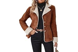 GENERIC Women's Winter Sherpa Lined Faux Suede Leather Jacket, Casual Warm Suede Blazer Jacket, Lapel pocket Outdoor jacket