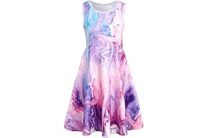 Belovecol Girls Dress Sleeveless 3D Pattern Swing Sundress A-line Round Neck Dresses Casual Party Mermaid Galaxy Dress 4-15 Years