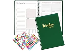 Fettwal Undatierter Wochenplaner, Terminplaner A5, Wöchentlicher Terminkalender mit To-Do-Liste, Notizfeld, 4 Aufkleber, 52 Blatt Terminplaner auf Deutsch Ringbuch mit Hardcover (Dunkelgrün)