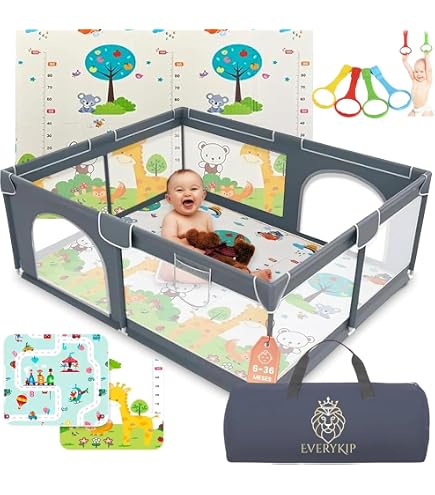 JUPPLIES Parque Infantil Bebé 120x120cm: Corralito Con Malla Transpirable, Puerta Lateral Y 2 Agarraderas - Gris