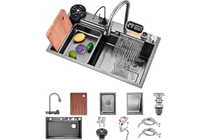 KOOGIMDDR - Juego de fregadero de cocina con encimera, 65 x 50 cm, con grifo de cascada, acero inoxidable, uso doméstico, lavavasos, tabla de cortar, escurreplatos y accesorios