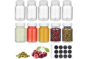 Hejo 10 Pcs Glass Shot Bottles with Lids, 60 ml Juice Shot Bottle with Labels, Reusable Mini Ginger Shot with Wide Mouth, Small Jars with Lids for Oils, Sauce, Milk (White Lid)