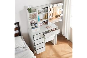 Guanglai Vanity Set Dressing Table with Lighted Makeup Mirror, Modern Vanity Table Desk with Lights & Storage Drawers and Stool for Bedroom,Girls Women