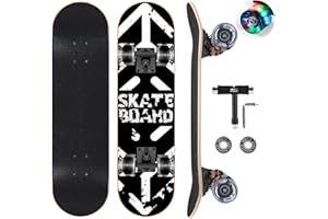 GIEEU Skateboards with Colorful Flashing Wheels for Beginners,Kids,Teens,Adults,Complete Standard Skate Boards 9 Layer Canadian Maple Deck Concave Skateboard