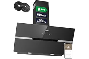CIARRA CBCB9736F A+++ Dunstabzugshaube 90 cm Umluft Kopffreie Schräghaube 650m³/h automatisch Glasplatte Wi-Fi App Touch-Bedienung Booster Abluft mit CBCF003 Aktivkohlefilter 4 Stufen Schwarz