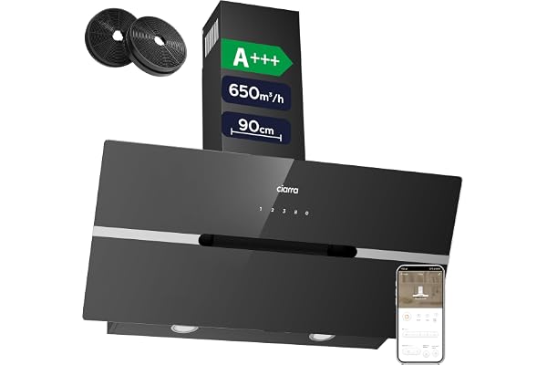 CIARRA CBCB9736F Hotte Aspirante Inclinée 90 cm 650m³/h - Classe A+++ - Filtre à Charbon Inclus - WiFi & Commande Tactile- 3 Vitesses et Fonction Boost - LED Dimmable - Noire