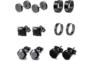 QINCLING 6 Pairs Black Men's Earrings Studs, Stainless Steel Hypoallergenic Cartilage Earrings Hoops Barbell Ear Plugs Ear Piercing Triangle Screw Stud Black Earrings Set for Men Boys