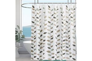 Minicoco Shower Curtains Mould Proof Resistant Bathroom Shower Curtain 100% Polyester Waterproof Shower Curtain Anti-Mould with 12 Hooks, 180 x 180 cm (Small Leaves)