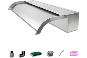 ‎LONGRUNNEW LONGRUNNEW Teich Wasserfallklingen Set, 60 cm Edelstahl Poolfontäne mit Zubehör, Breite 18 cm Gebogene Auslauf Spritzwand für Garten Patio Teichdekoration