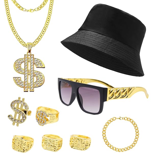 ZJRung – Kit Hip Hop Années 80-90 : Casquette, Lunettes, Chaîne Dollar, Bague, Bracelet Or, Pour Concerts, Halloween, Fêtes