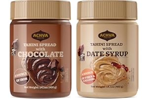 Achva Sesame and Chocolate & Sesame and Date Syrup - 2 x 400G Kosher Spreadable Tahini Chocolate and Date Syrup - Made from Natural Sesame Paste Tahini Snack.