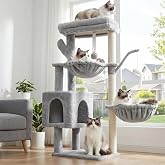 Heybly Cat Scratching Tree 100 cm High with Large Platform, Cave, 2 Hammocks, Toys and Tree for Climbing with Scratcher, Ligh