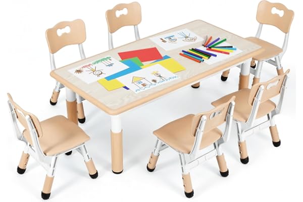 MAMIZO Table pour Enfant avec 6 Chaises, Ensemble de Table pour Enfants réglable en Hauteur, Meubles en Plastique, Table de Peinture pour Garçons et Filles à partir de 2 Ans, Jaune