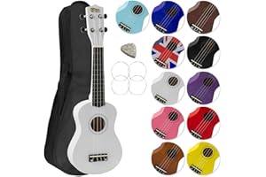 Mad About SU8-WH Ukulele soprano in bianco con custodia morbida, plettro e corde di ricambio, Ora dotato di corde in carbonio nere che offrono un suono più brillante