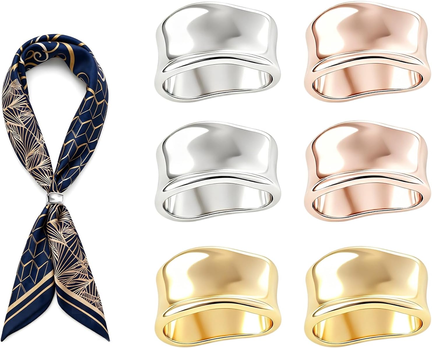 3 anillos de bufanda de seda, anillo de bufanda de aleación con tres colores oro, plata y oro rosa, simple y elegante, anillo de pañuelo, accesorios de moda para bufandas de seda