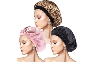 ‎PAEFIU PAEFIU 3 Stück Seidenhaube zum Schlafen, Schlafhaube Seide Elastizität Satin Haarhaube für Die Nacht Weiche Bonnet Sleep Cap für Damen(Schwarz,Pink,Leopard)