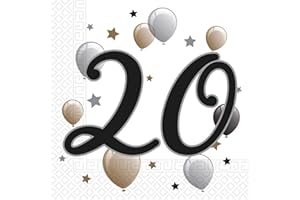 Procos Lot de 20 serviettes en papier imprimées "20 ans" étoiles et ballons 33x33 cm 10232057, Argent,Or, Centre