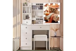 Dradaomull Set da toeletta con illuminazione a LED Hollywood, con specchio e squat, 6 cassetti e 3 scomparti aperti, moderno tavolo da toeletta in legno bianco per camera da letto elegante