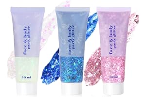 URAQT 3PCS Paillettes Visage, Glitter Body Gel, Paillette Maquillage, Paillettes Corps, Paillette Gel Liquide, Mermaid Sequins Body Glitter,pour Festival Fête Noël Pâques Maquillage Décoration (01)