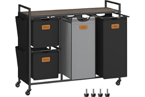 VASAGLE Wäschekorb, Wäschesammler, Wäschesortierer, Rollen, Wäschewagen mit Ablage, kleine seitliche Taschen, 6 Etiketten, 4 Fächer, 150 L, kastanienbraun-tintenschwarz-taubengrau BLH203B01