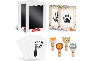Nabance Baby Hand and Footprint Kit Inkless Hand Print & Footprint Kit with 2 Jungle Animals Pattern Photo Frame 2 Large Ink Pad 4 Cute Clips 4 Imprint Cards Mess Free Ink Pad Family Keepsake