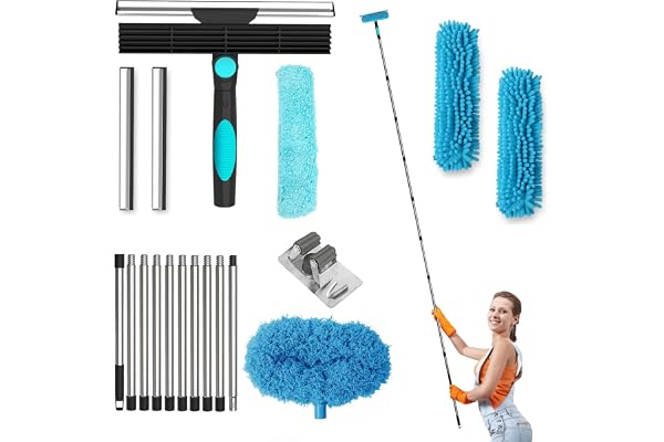 4-i-1 fönsterrengöringsset, fönsterrengörare med teleskopstång, utdragbar upp till 3,9 m, 360° svängbart huvud, mikrofiber &