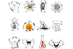 HIUOUIH Molde Galletas Halloween 12 piezas Cortadores Moldes Acero Inoxidable Formas Calabaza Fantasma Murciélago Gatos Telaraña Sombrero de Bruja para Pasteria Fondant Cookie