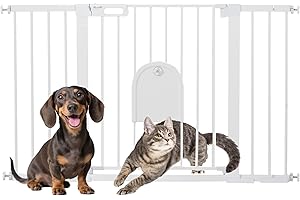 PawHut Cancellino per Cani Regolabile con Porta Piccola e Montaggio a Pressione, Barriera per Cani con Chiusura Automatica, 75-131x76 cm, Bianco