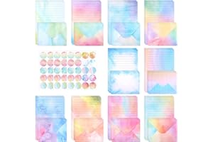 PINBOOV 160-Piece Watercolour Writing Paper and Envelopes, 50 Lined Letter Paper and 50 Envelopes with 60 Round Stickers, Letter Writing Set for Valentine’s Day, Birthday, Office, and Invitations