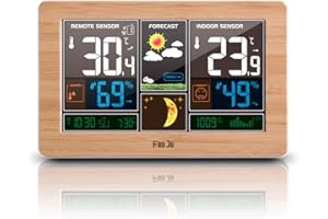 FanJu Wetterstation Funk mit Außensensor, DCF Funkuhr, Digital Farbdisplay Innen und Außen Thermometer Hygrometer, Funkwetterstation mit Wettervorhersage und Barometer, Batteriebetrieb und Netzbetrieb