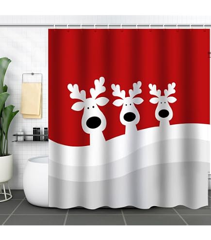 Weihnachts-Duschvorhang – Winter, Kiefer, Lustige Katze & Vogel-Motiv, Polyester, 170 X 180 Cm, Mit 10 Haken