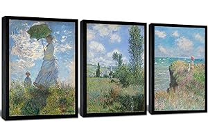 OKEXCKK Frau mit Sonnenschirm von Claude Monet Leinwand-Wandkunst, Ölgemälde, Impressionismus, klassische Kunstwerke mit schwarzem Rahmen, für Heimdekoration, 40,6 x 61 cm