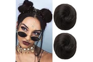 REECHO Space Bun Hair Pieces, 2 PCS Mini Claw Clip in Messy & Cat Ears Fake Hair Bun Extensions Wig Accessory Updo Hairpieces for Women Girls (Pack of 2-3" Straight, Black Brown)
