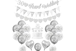 KISPATTI Pearl Wedding Decorations, 30th Wedding Anniversary Decorations 30 Pearl Wedding Banner Happy 30th Anniversary Balloons Silver White Balloons Heart Balloons 30 Pearl Wedding Cake Topper