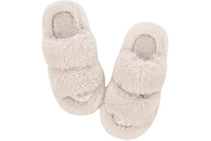 Wostock Zapatillas de Estar por Mujer Felpa Punta Abierta Chanclas Pantuflas de Casa Cómodos Calentitas Plano Suela de Goma Antideslizante Zapatos Interior