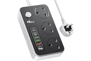 Hulker Extension Lead with USB C Ports Power Strip with 3 Way Outlets 5 USB Slots (1 PD 20W Type-C, 1 QC 18W Fast USB, 3 USB-A Port), Multi Plug Extension Socket with 2 Meter Power Cord 13A 3250W