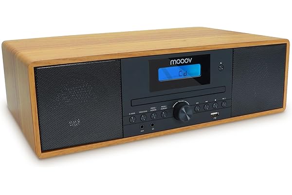 MOOOV 477380 Micro-Chaine HiFi Bluetooth sans Fil, Tuner Radio FM, Lecteur CD, USB avec Télécommande Effet Bois Mini Chaîne Enceinte Vintage Haut Parleur Stereo